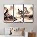 Loon Peak® Monochrome Chinese Water Landscape - Traditional Framed Canvas Wall Art Set Of 3 Canvas in White | 28 H x 36 W x 1 D in | Wayfair