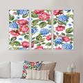 Winston Porter Pink Rose & Blue Hydrangea w/ Leaves On - 3 Piece Floater Frame Print on Canvas Canvas, Wood in White | 20 H x 36 W x 1 D in | Wayfair