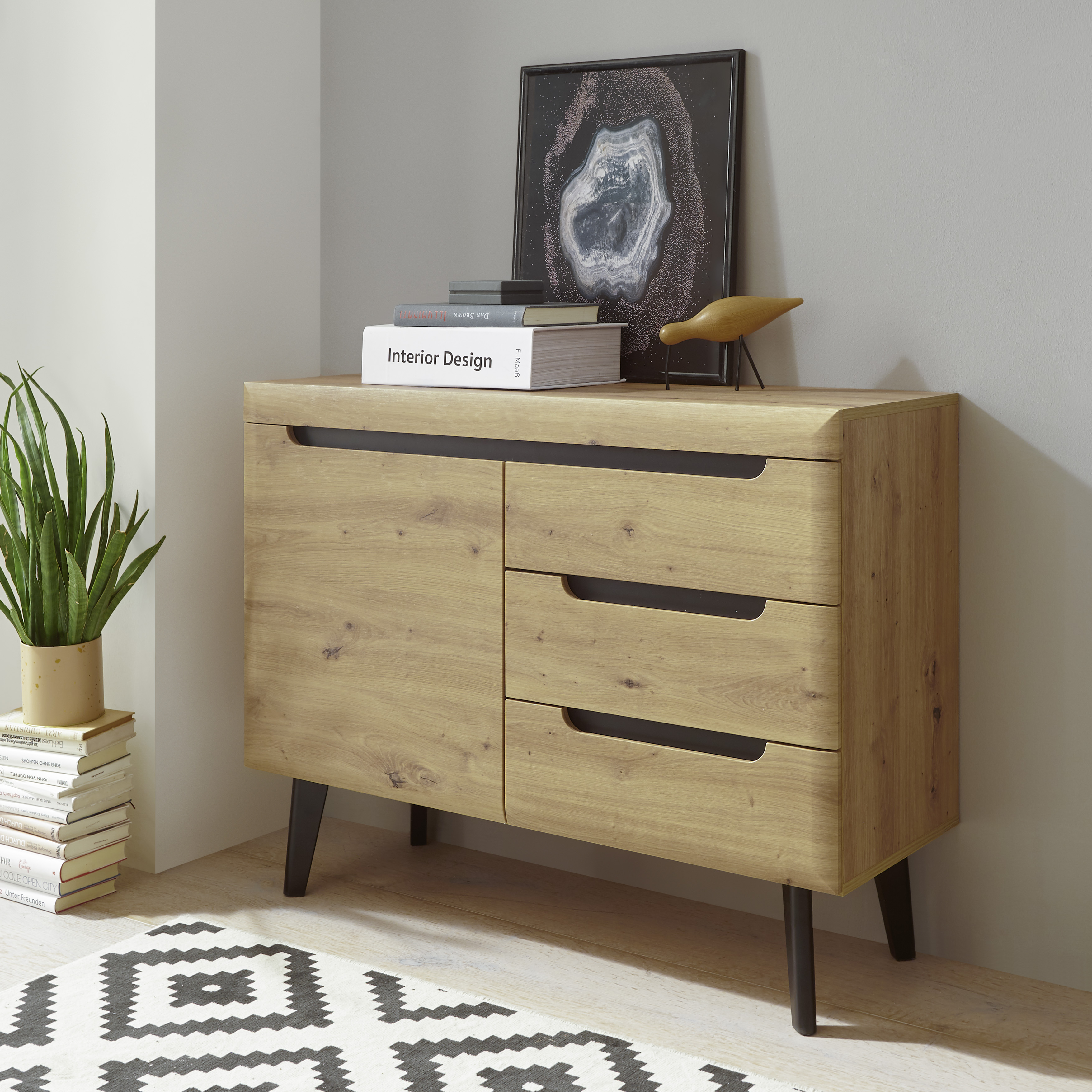 Sideboard INOSIGN "Torge, Anrichte, Kommode, Schubladenschrank", braun (eiche artisan dekor), B:107cm H:87cm T:40cm, FSC-zertifizierter Holzwerkstoff, Sideboards, Sideboard, abgeschrägte Füße, drei Farben, Scandi Design, 107 cm breit