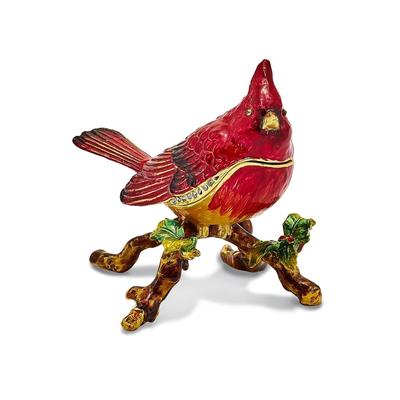 Curata Pewter Bejeweled Crystals Gold-Tone Enameled Charlie Red Cardinal Trinket Box on 18 Inch Necklace