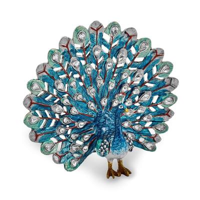 Curata Pewter Crystals Silver-Tone Enameled Iridescence Blue Peacock Trinket Box on 18 Inch Necklace