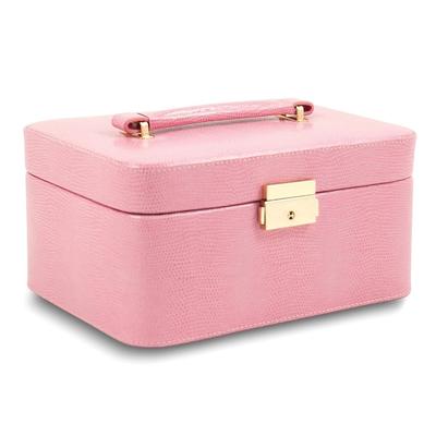 Curata Pink Lizard Textured Bonded Leather Mirror Top Handle Velour Lined Locking Jewelry Case Removable Tray Travel Case