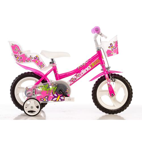 "Kinderfahrrad DINO ""Mädchenfahrrad 12 Zoll"" Fahrräder Gr. 22 cm, 12 Zoll (30,48 cm), pink Kinder Kinderfahrräder mit Stützrädern, Korb und Puppensitz"