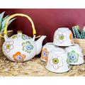 Red Barrel Studio® Zabria Botanic Fusion Zen Fengshui Tea Set for 4 People Porcelain China/Ceramic in Green/Orange/White | Wayfair