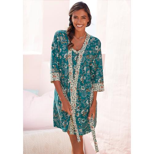 Kimono LASCANA Gr. 40/42, bunt (rauchblau, ecru) Damen Bademäntel Morgenmäntel mit Blumen Allover-Druck