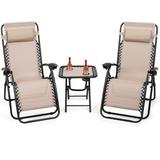 3 Piece Folding Portable Reclining Lounge Chairs Table Set Tan - 26 inches L x 39.5 inches W x 44 inches H