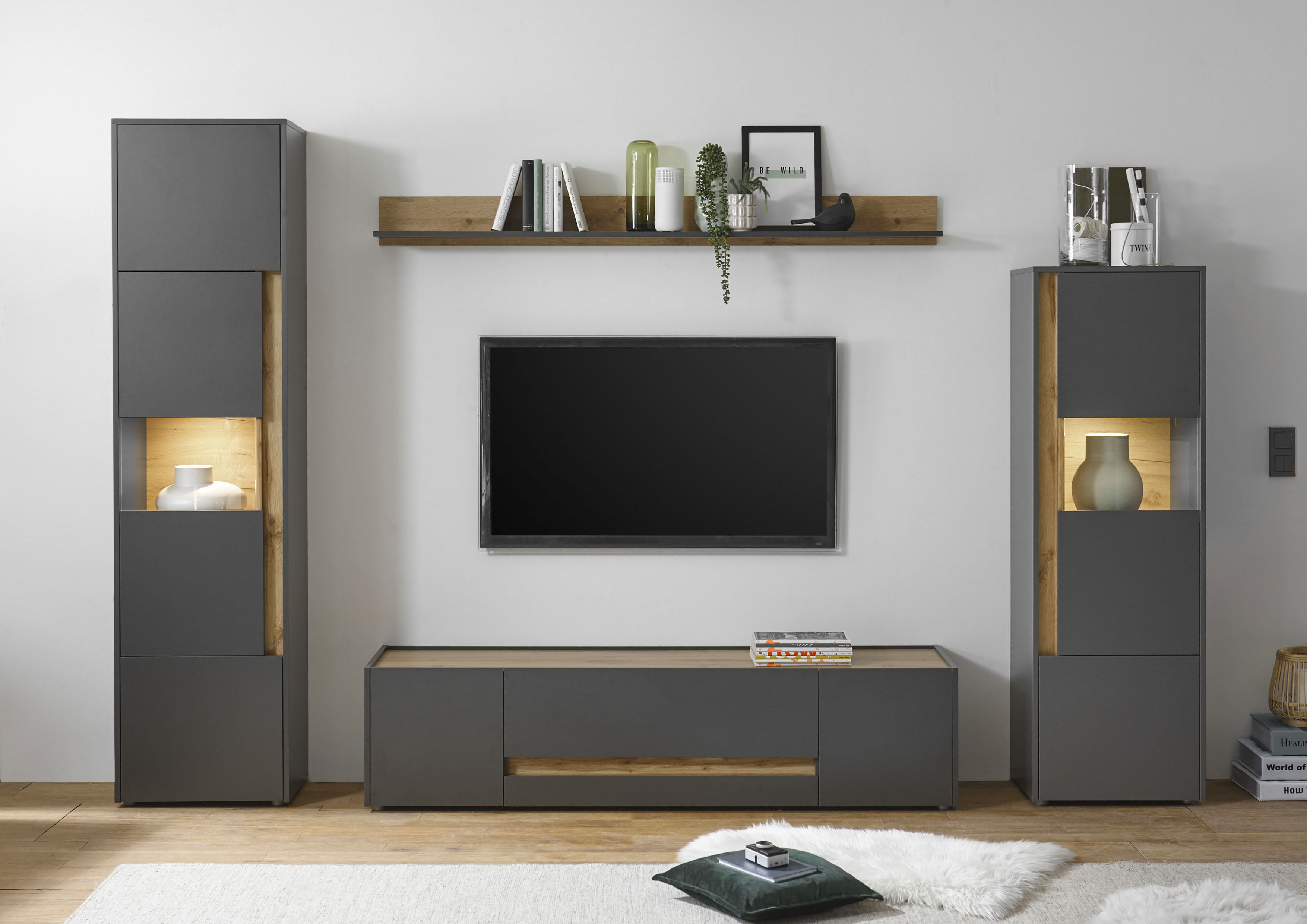 Wohnwand INOSIGN "City/Giron, moderne Anbauwand, Komplettset in vielen Farben verfügbar", grau (anthrazit), B:310cm H:197cm T:45cm, Holzwerkstoff, Kastenmöbel-Sets, Wohnwand, enthält zwei Vitrinen, ein Lowboard & ein Wandboard, Topseller