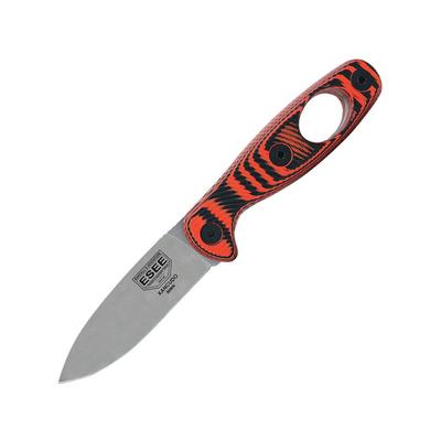 Esee Xancudo Fixed Blade S35V Org Knife Carabiner hole in handle 3" stonewash finish S35VN stainless blade Black and orange 3D machined G10 handle