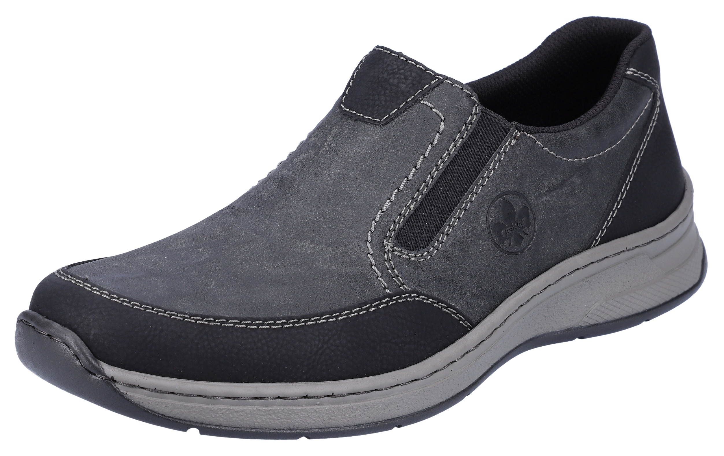 Slipper RIEKER, Herren, Gr. 44, grau (grau, kombiniert), Synthetik, Schuhe Slipper, Schlupfschuh, Halbschuh mit Stretcheinsätze