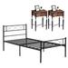 3-Piece Bedroom Set, Black Metal Platform Bed Frame and 2 Brown Nightstands