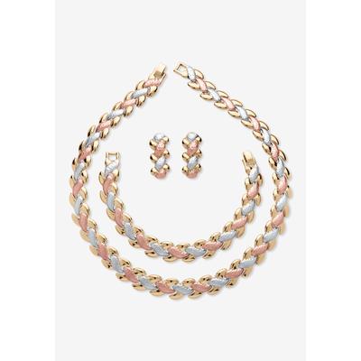 Women's Tri Tone Goldtone Rosetone Silvertone Interlocking Link Necklace, Bracelet And Earring Set, 17 Inche by PalmBeach Jewelry in Gold