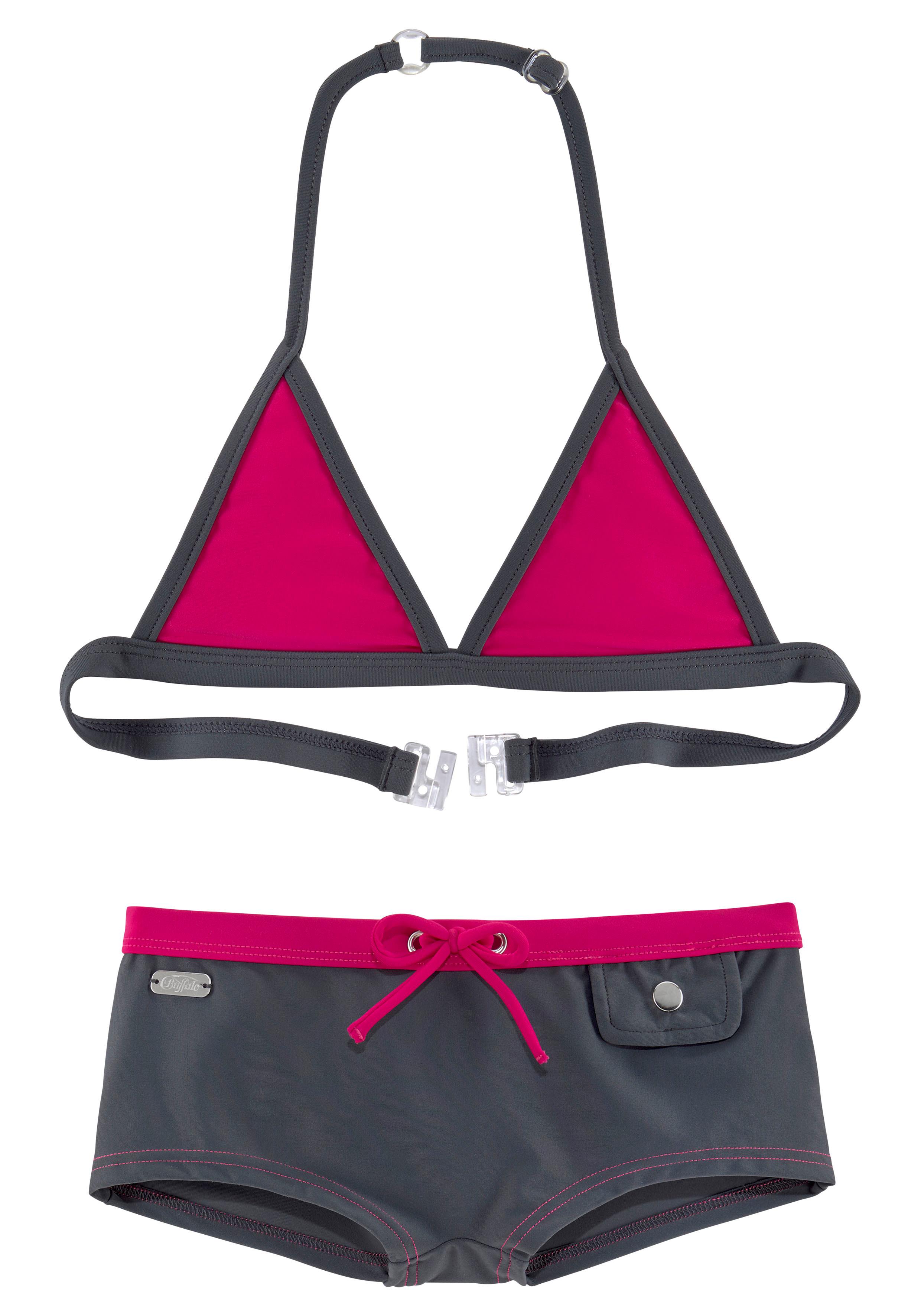 Triangel-Bikini BUFFALO, Kinder, Gr. 134/140, N-Gr, grau (grau, pink), Polyamid, kontrastfarbene Details, Bikini-Sets, mit trendiger Hotpants Image