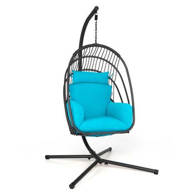 Costway Hanging Folding Egg Chair with Stand Soft Cushion Pillow Swing Hammock-Turquoise