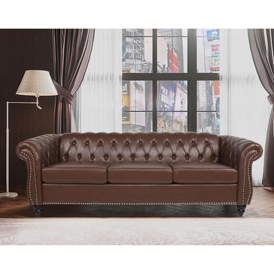 84" PU Leather 3 Seat Sofa with Silver Studs Trim, Button Tufted Back & Arms and Comefortable Cushion for Living Room