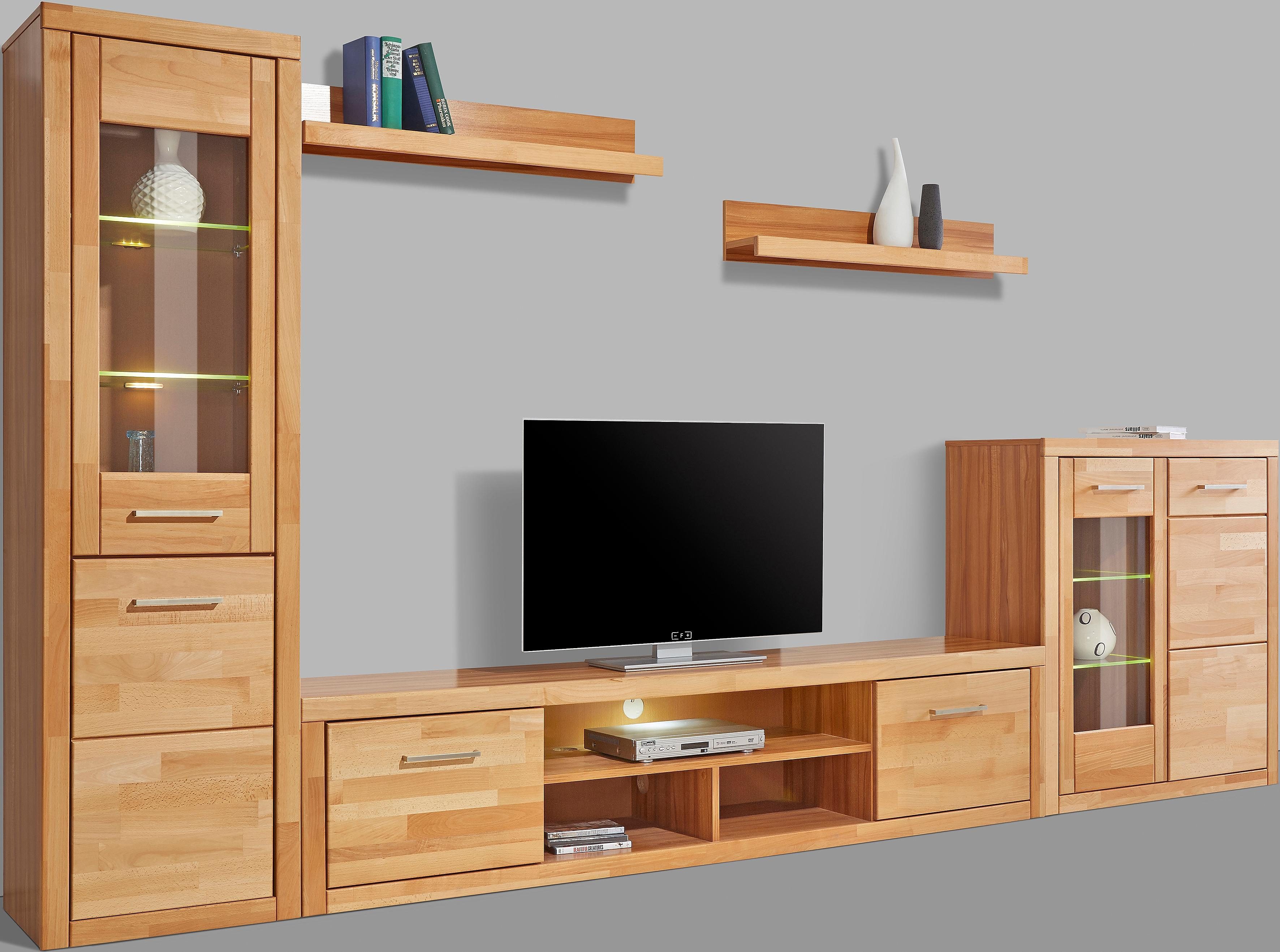 Wohnwand HOME AFFAIRE "Logo,Fronten Massivholz,Korpus Holzwekstoff,Böden versetzbar", beige (kernbuche teilmassiv), Holzwerkstoff Kernbuchefarben (Korpus)/ Massivholz Kernbuche (Front), Holz teilmassiv, Kastenmöbel-Sets, Türanschlag hohe Vitrine...