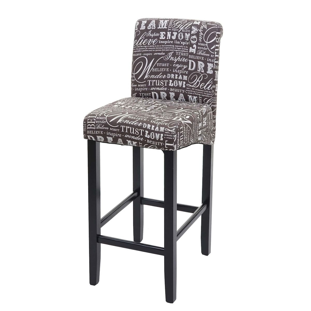 Mendler Barhocker HWC-C33, Barstuhl Tresenhocker, Holz MVG-zertifiziert ~ Schriftzug, grau, dunkle Beine, Stoff/Textil Image