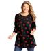Plus Size Women's Perfect Printed Long-Sleeve Crewneck Tunic by Woman Within in Black Poinsettia (Size L)