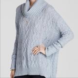Free People Sweaters | Free People Blue Heather Cowl Neck Cable Aran Tunic Sweater Wool Oversized L | Color: Blue | Size: L