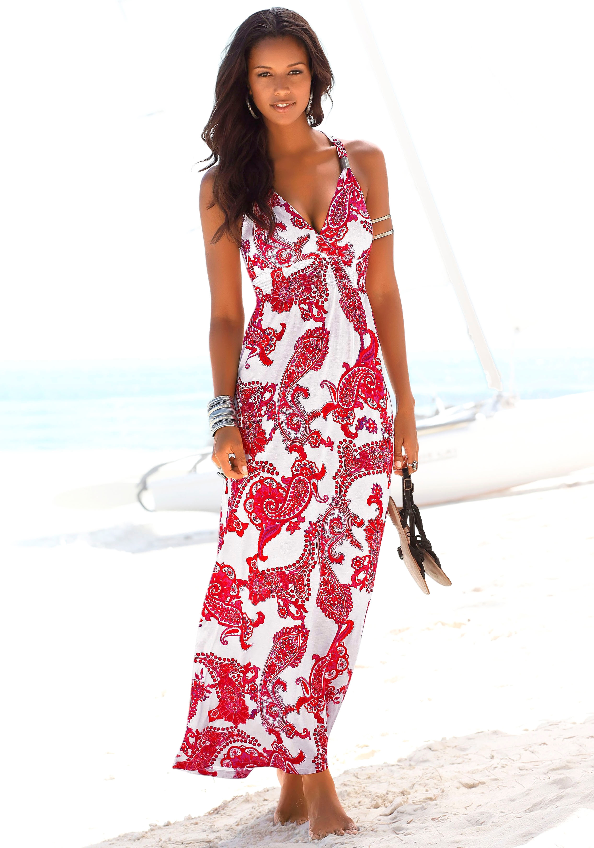 Maxikleid LASCANA, Damen, Gr. 42, N-Gr, weiß (rot, weiß, bedruckt), Jersey, Obermaterial: 100% Viskose, Paisley, figurbetont bodenlang, V-Ausschnitt, Kleider, mit verstellbarem Ausschnitt, Sommerkleid, Strandkleid Image