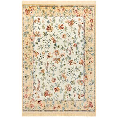 Teppich NOURISTAN "Orient Flowers" Gr. 3, beige (beige, creme), B:135cm H:5mm L:195cm, Viskose, Teppiche, Fransenteppich, Kurzflor mit Fransen, Orient, Wohnzimmer, Schlafzimmer, Esszimmer Image