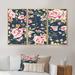 Rosdorf Park Vintage Roses On Dark Blue II - Patterned Framed Canvas Wall Art Set Of 3 Canvas, Wood in White | 20 H x 36 W x 1 D in | Wayfair