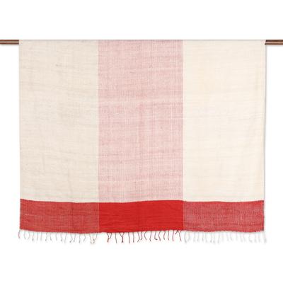 'Red Ivory Beige 100% Silk Throw Blanket Hand-Woven in India'