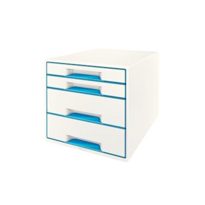 LEITZ Schubladenbox WOW Cube 4 geschlossene Schubladen, 2 hohe, 2 flache, weiß/blau, mit Auszugstopp, Schubladeneinsatz
