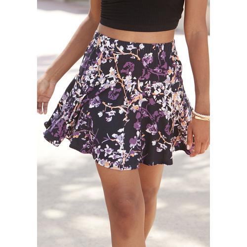 Hosenrock VIVANCE Gr. 44, lila (schwarz-lila bedruckt) Damen Röcke Skort mit Blumenprint, Skort, Rock inklusive Hose