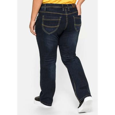 Stretch-Jeans SHEEGO "Große Größen", Damen, Gr. 20, Kurzgrößen, blau (dunkelblau denim), Obermaterial: 98% Baumwolle, 2% Elasthan, unifarben, casual, lang, Jeans 5-Pocket-Jeans, mit gerader Beinform, individuelle Used-Effekte Image