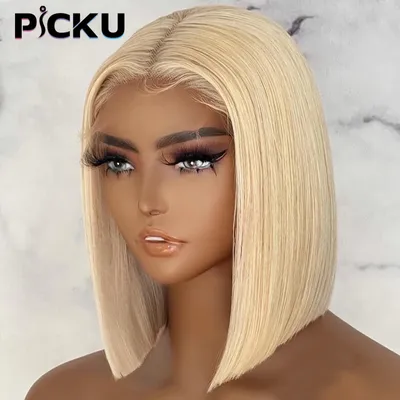 Perruque Bob Lace Front Wig Remy Brésilienne Naturelle Cheveux Lisses Blond Miel 613 4x4 13x4