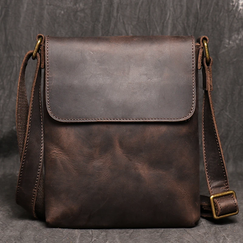 Sac à bandoulière décontracté en cuir véritable pour hommes, petit sac messager Vintage marron foncé, nouveau Design de mode pour hommes