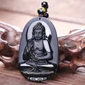 Amitabha-Collier pendentif bouddha sculpté en obsidienne noire amulette porte-bonheur bijoux pour
