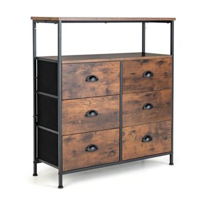 Costway 2-Tier Storage Chest with Wooden Top and 6 Fabric Drawers-Rustic Brown