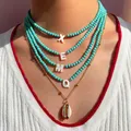 Collier Ras du Cou avec Perles Turquoise Vertes Initiales pour Femme 2 Pièces Style Boho Coquille