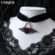Collier ras du cou gothique en velours noir pour femme fleur rose pendentif chauve-souris ailes