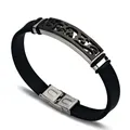 Bracelet manchette en silicone noir vintage pour homme bijoux à breloques acier inoxydable fleur