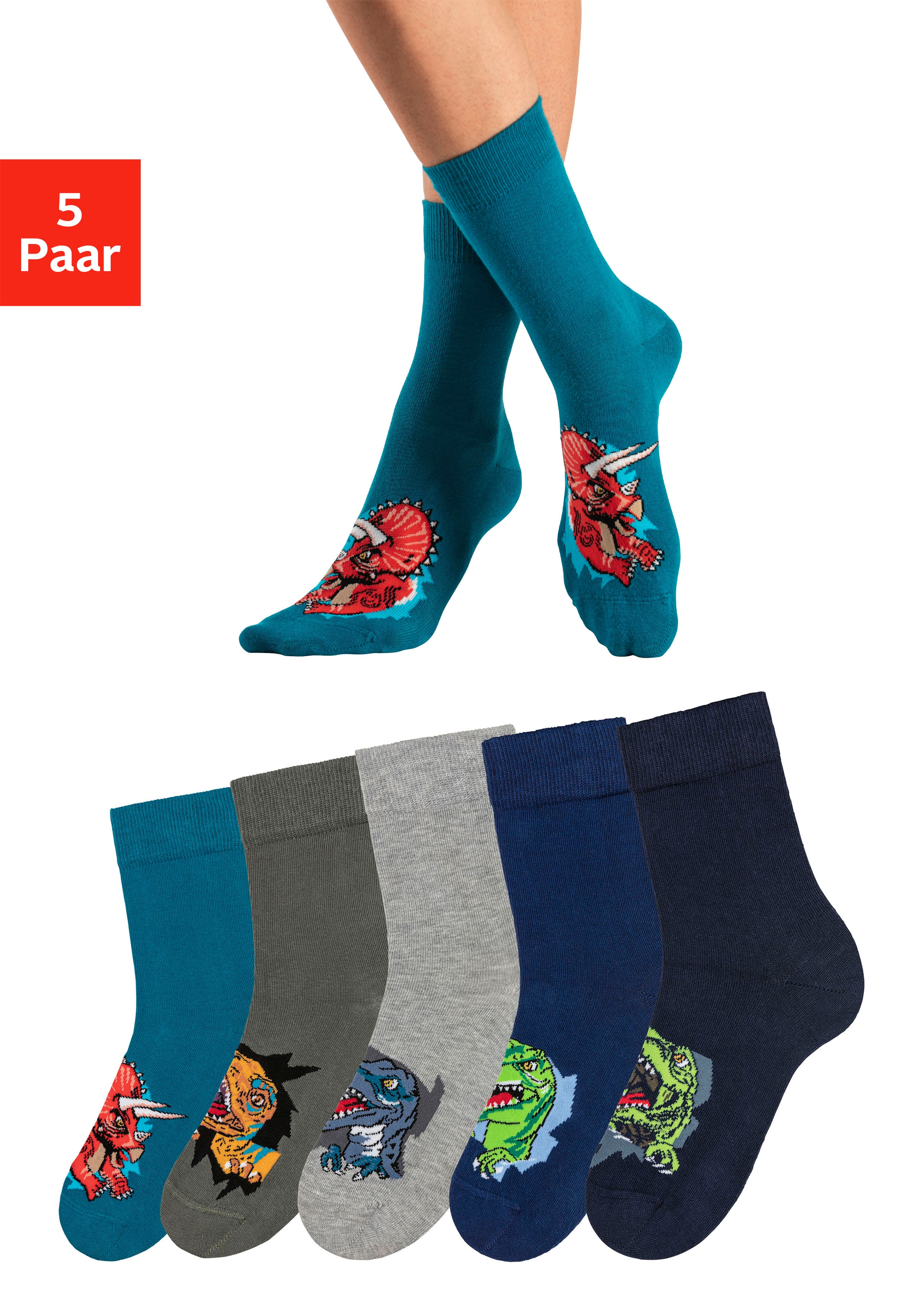 Socken H.I.S, Kinder, Gr. 23-26, bunt (1x navy, 1x petrol, 1x khaki, 1x hellgrau, melange, 1x blau), Baumwollmischung, gemustert, Socken, mit Dinosauriermotiven Image