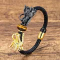 Bracelet ethnique en forme de Dragon Unique pour hommes chaîne en cuir véritable noir bijoux de