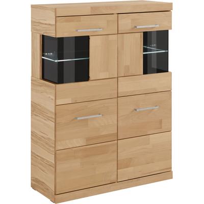 Highboard HOME AFFAIRE "Ribe,85cm breit,115cm hoch, Fronten Massivholz,4 breite Fächer", beige (kernbuche teilmassiv), B:85cm H:115cm T:35cm, Holz teilmassiv, Sideboards, Korpus Holzwerkstoff,2Türen mit Glaseinsatz, Böden versetzbar Image