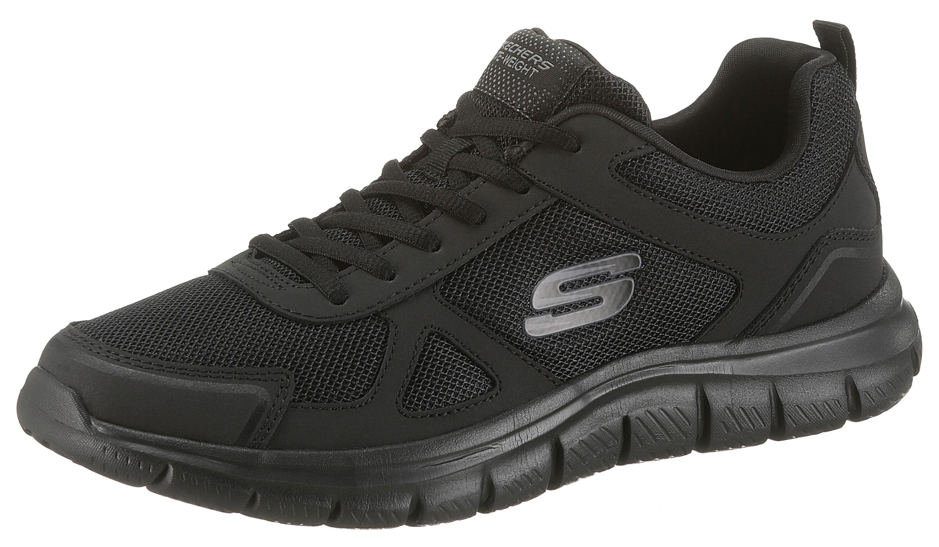 Sneaker SKECHERS "Track-Scloric", Herren, Gr. 47,5, schwarz, Leder, Textil, Schuhe Sneaker, Freizeitschuh, Halbschuh, Schnürschuh mit Skechers Memory Foam, Topseller