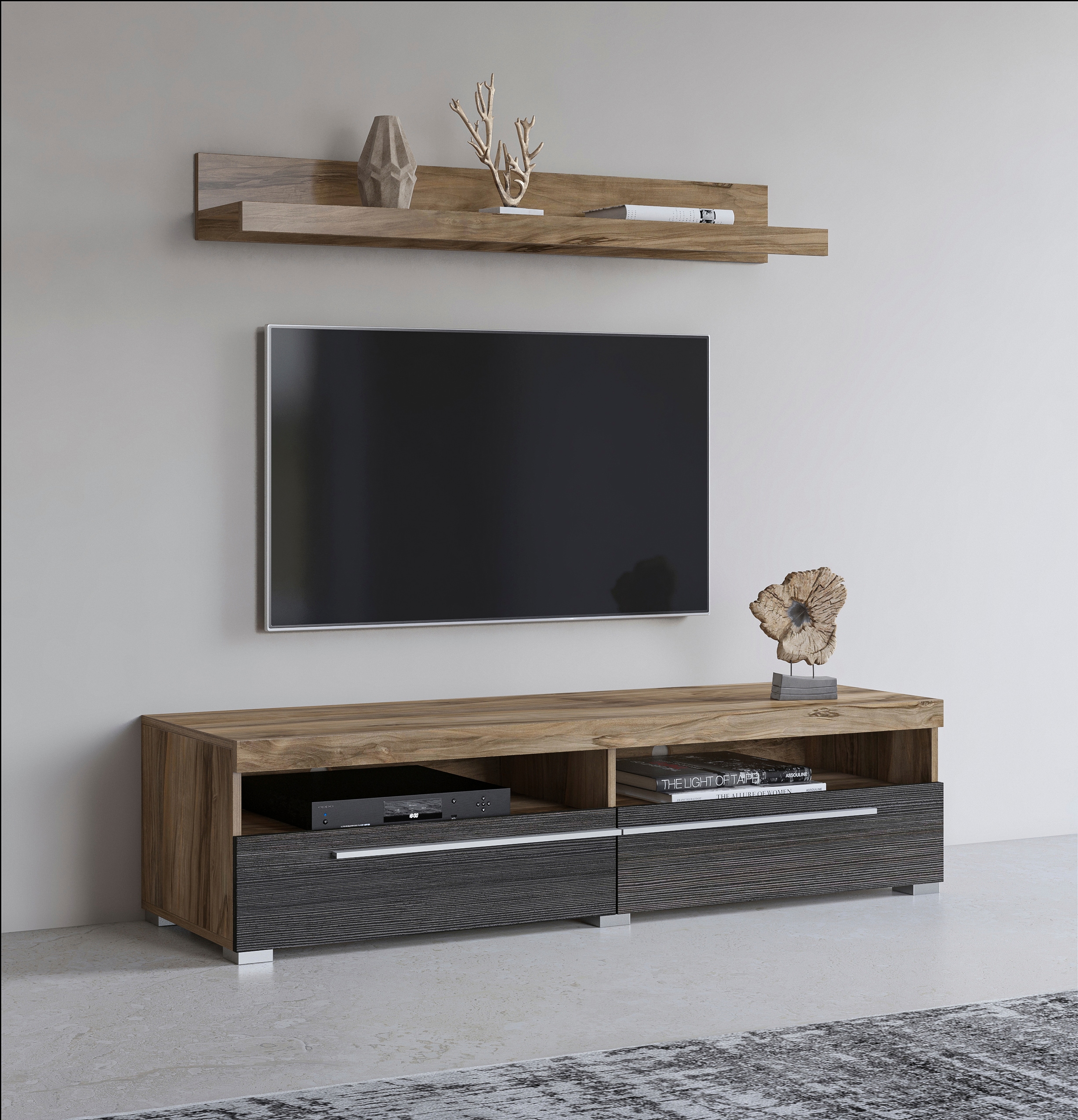 Lowboard INOSIGN "Roger,Breite 140 cm, stilvolle TV-Kommode, inclusive Wandboard", braun (satin nussbaumfarben, schwarzwood), FSC-zertifizierter Holzwerkstoff, Sideboards, TV-Schrank mit viel Stauraum, TV-Board, 2 Klappen
