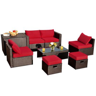 Costway 8 Pieces Patio Space-Saving Rattan Furniture Set with Storage Box and Waterproof Cover-Red