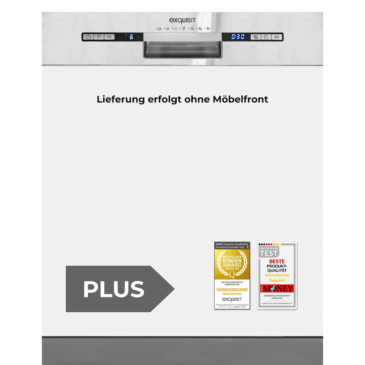 Exquisit PLUS Einbaugeschirrspüler teilintegrierbar 60 cm, 13 Maßgedecke, Startzeitvorwahl, LED-Display, EGSP2113-EB-030E inox Image
