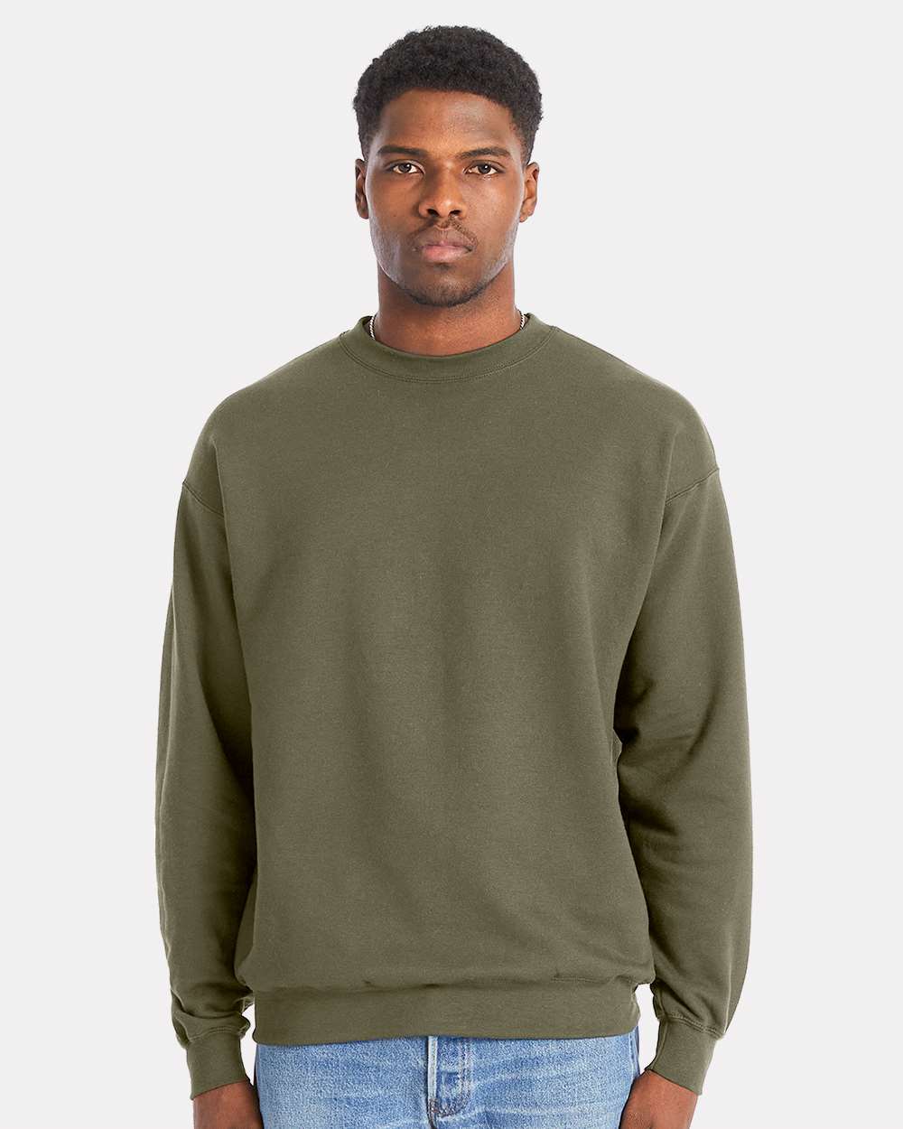 Hanes RS160 Adult Perfect Sweats Crewneck Sweatshirt in Fatigue Green size Large | Cotton/Polyester Blend