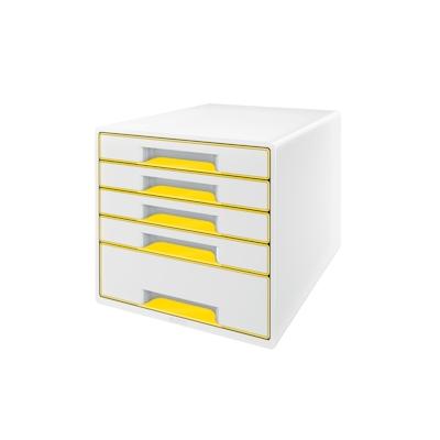 LEITZ Schubladenbox WOW Cube 5 geschlossene Schubladen, 1 hohe, 4 flache, weiß/gelb, mit Auszugstopp, Schubladeneinsatz