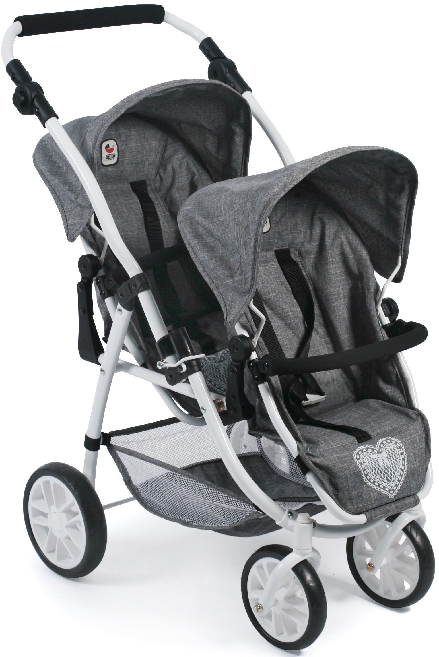 Puppen-Zwillingsbuggy CHIC2000 "Vario, Jeans Grey", grau (jeans grau), Puppenwagen, KinderB:71cm H:79cm T:71cm, Kunststoff, Metall, Stoff, B:71cm H:79cm T:71cm
