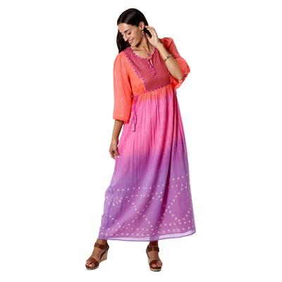 Jaipur Spice Garden,'Embroidered Tie-Dyed Cotton Empire Waist Dress'