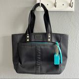 Coach Bags | Coach Black Teal Nylon Hand Bag Purse Short Handle Zippered Bag Euc | Color: Black/Blue | Size: Os