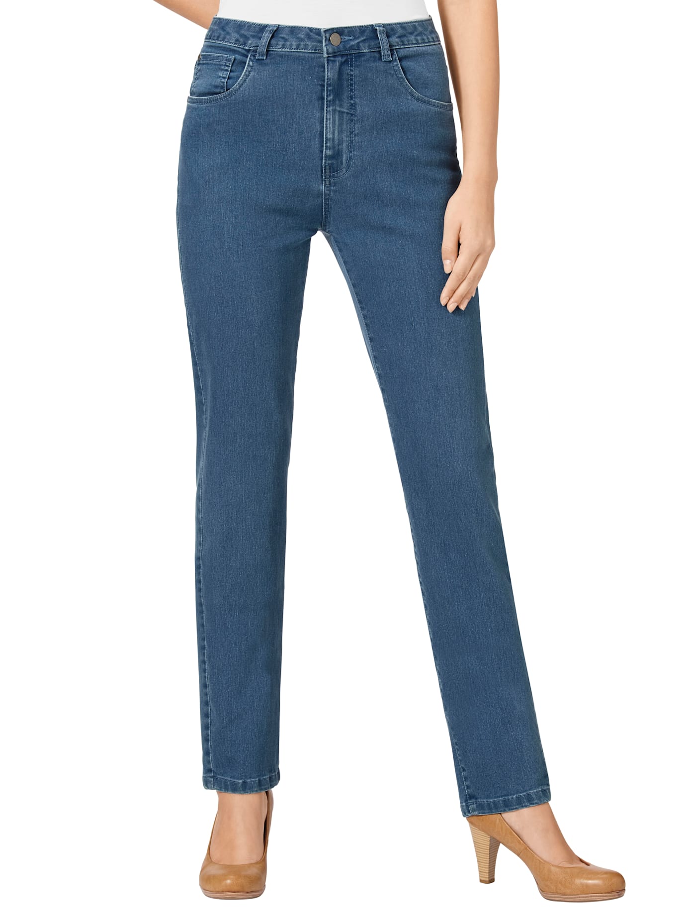 5-Pocket-Jeans INSPIRATIONEN, Damen, Gr. 22, Kurzgrößen, blau (blau, bleached), 81% Baumwolle, 17% Polyester, 2% Elasthan, unifarben, lang, Jeans 5-Pocket-Jeans, Topseller