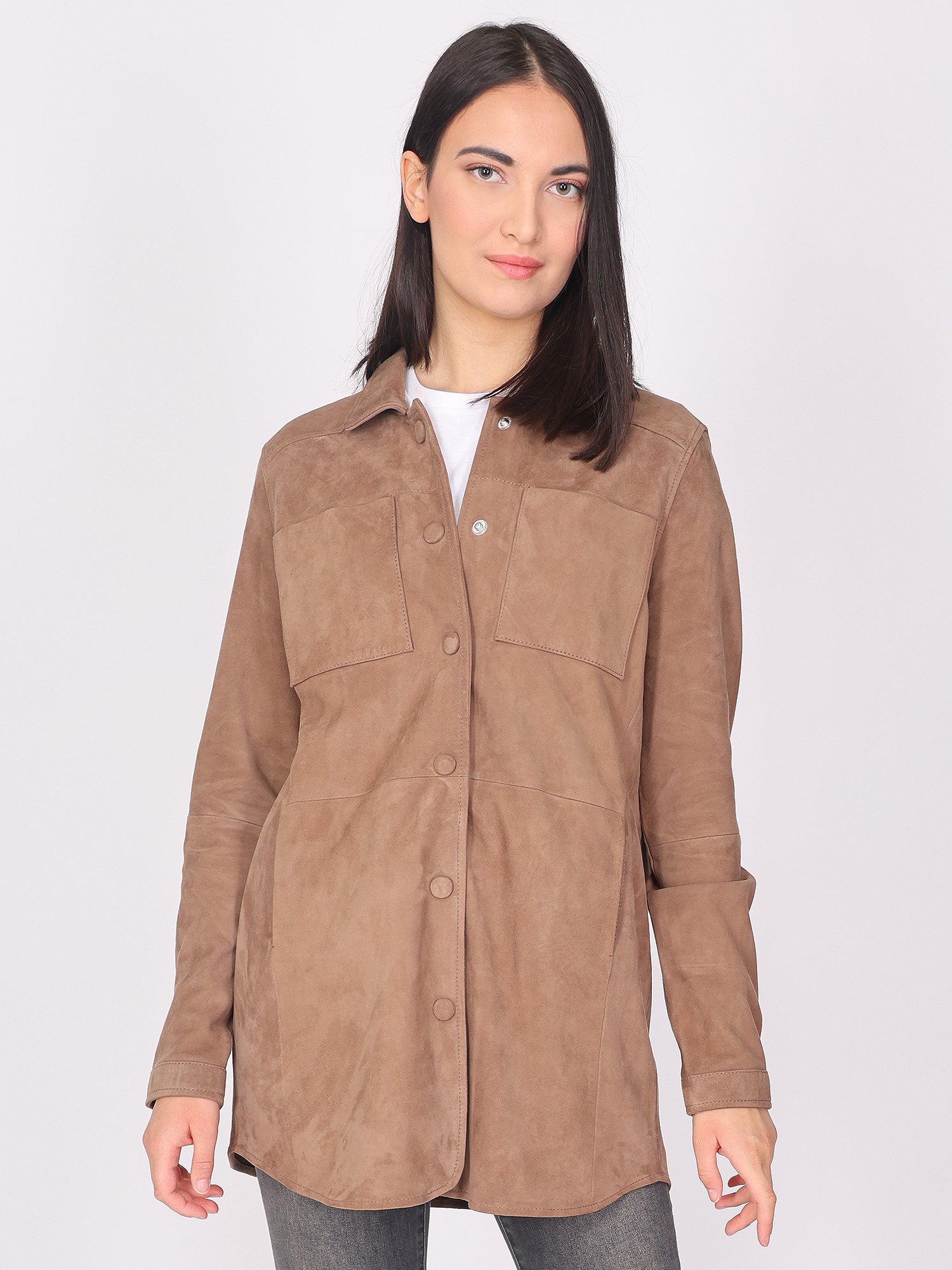 Lederjacke MAZE "4202172", Damen, Gr. XL, grau (taupe), Obermaterial: 100% Ziegenvelours / Innenfutter: 100% Baumwolle, Jacken Image